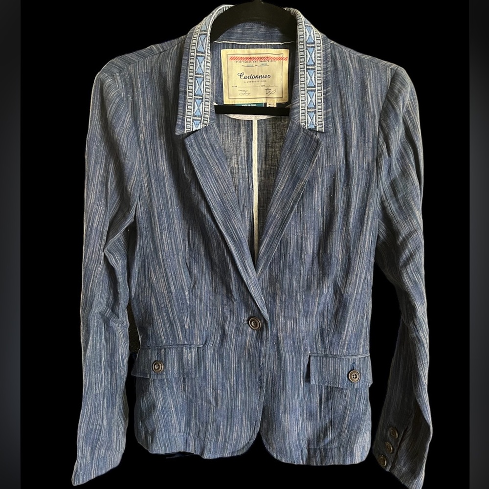 Anthropologie Cartonnier Winona Blue Cotton Linen Embroidered Blazer Jacket